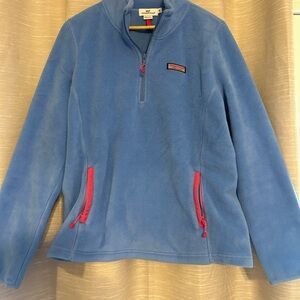 Blue Fleece Pullover with Red Accents